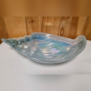 Iridescent Glass Seashell Bowl Blue Green 14" Large Ocean Seashore Decor